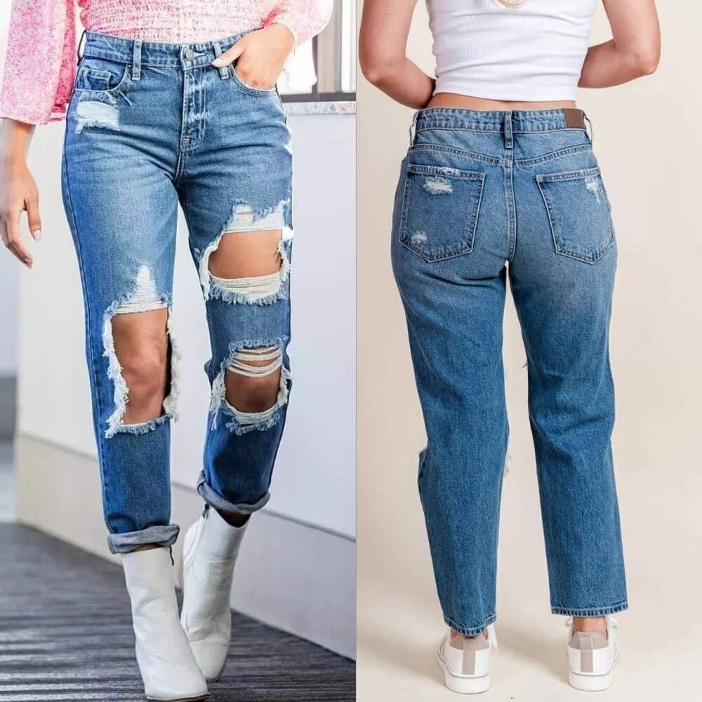Classic High-Rise Straight Leg Ripped Jeans - Blue, new with tag.